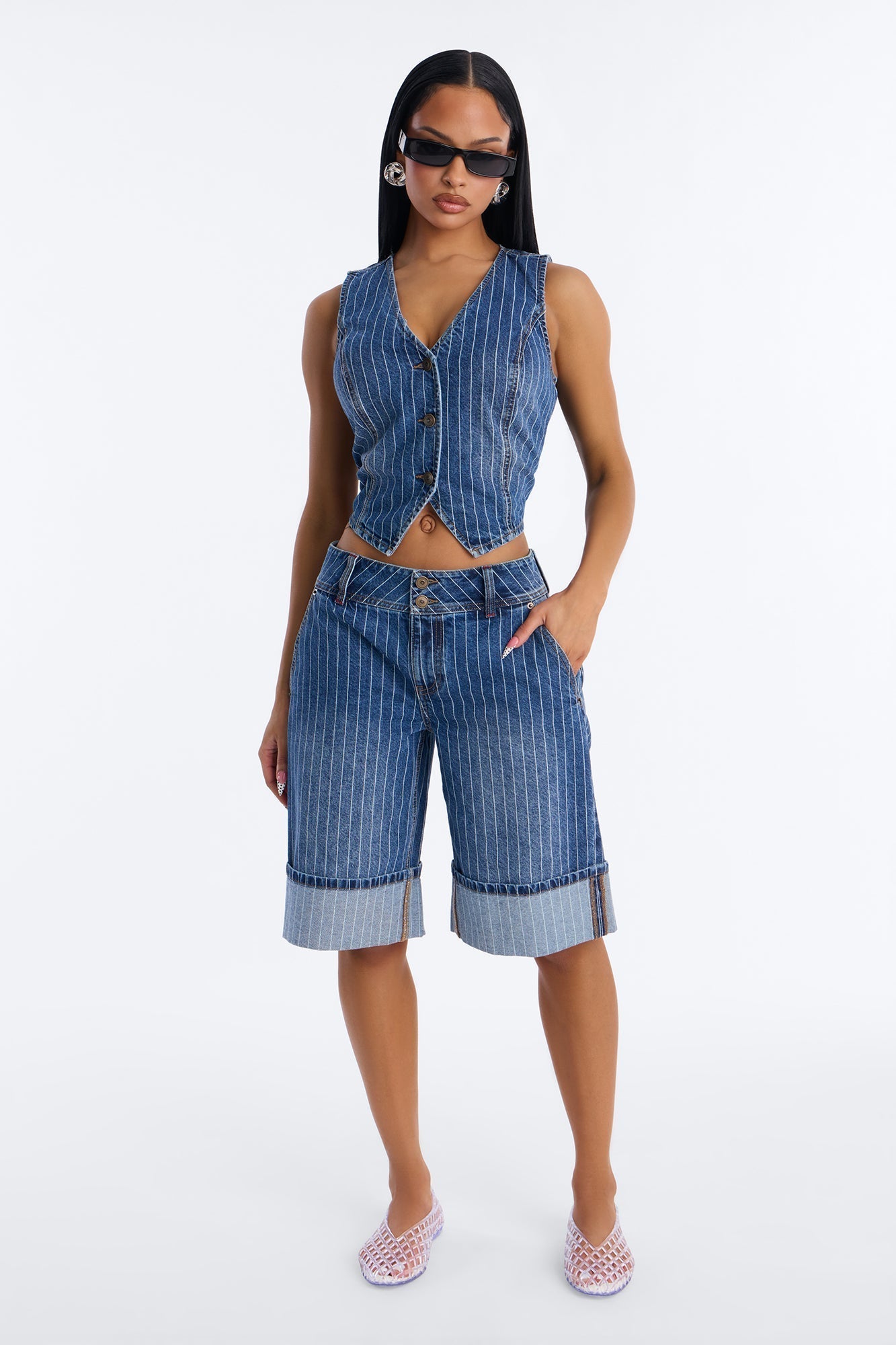 Legendary Striped Cuffed Denim Jorts - Dark Wash