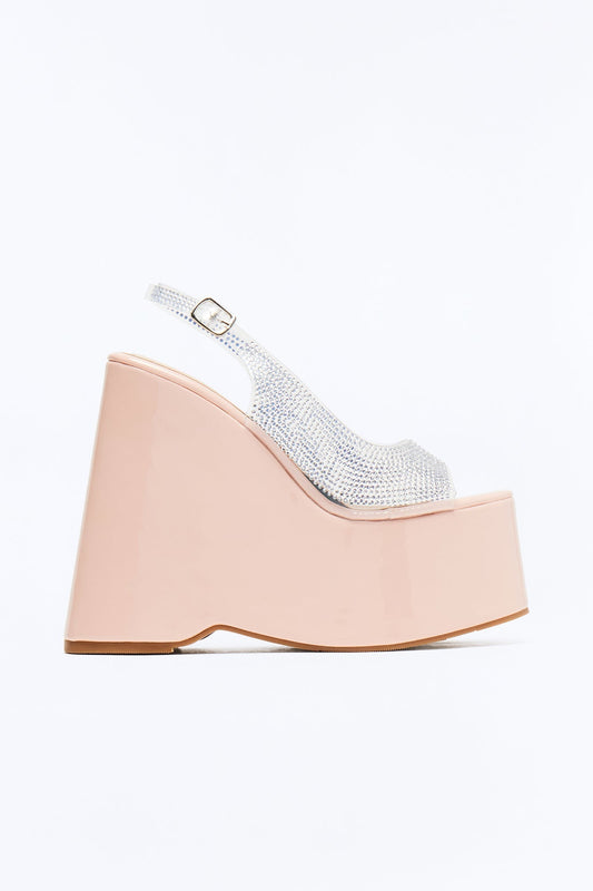 Alicia Rhinstone Platform Wedges - Nude
