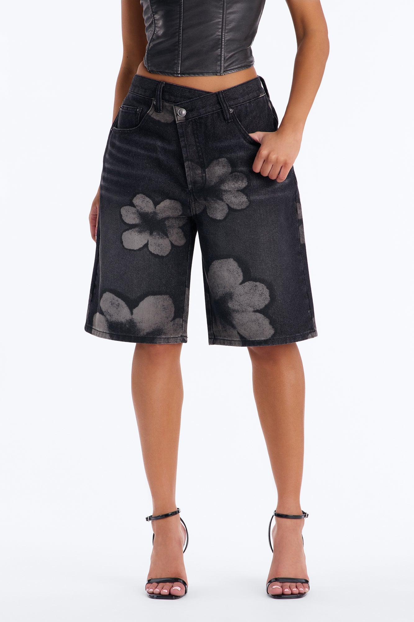 Born To Bloom Crossover Denim Jorts - Black Wash