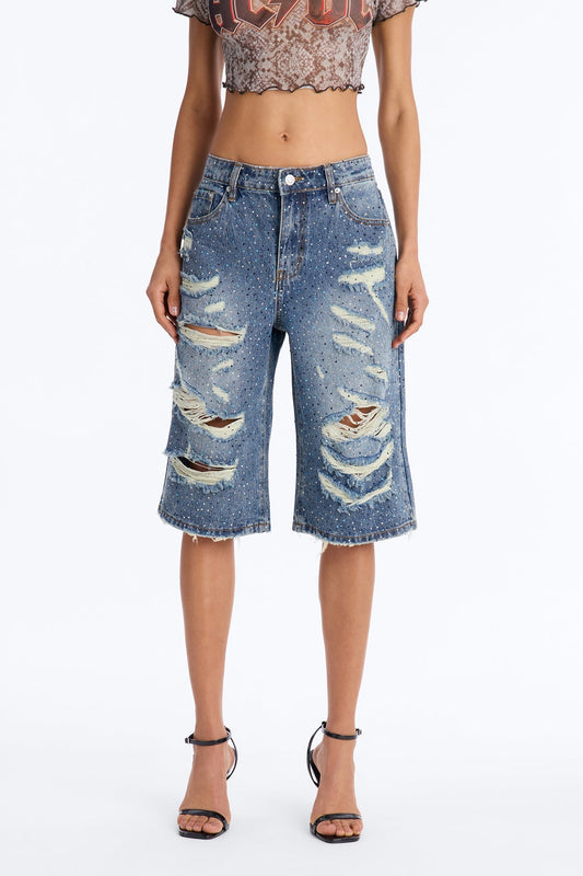 Moonlight Flicker Embellished Rhinestones Denim Jorts - Vintage Wash