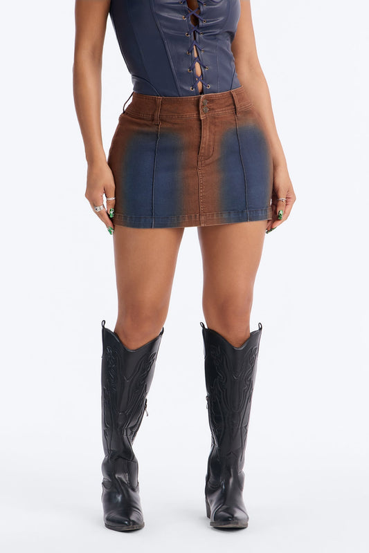 Match My Aura Tinted Denim Mini Skirt - Brown/combo