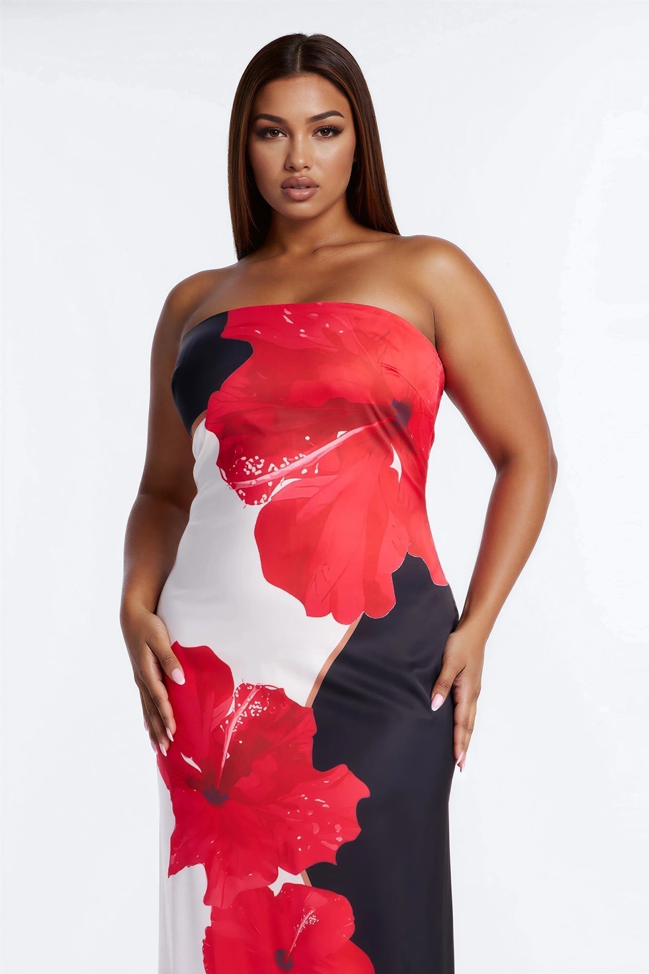 Kianna Strapless Satin Maxi Dress - Red/combo