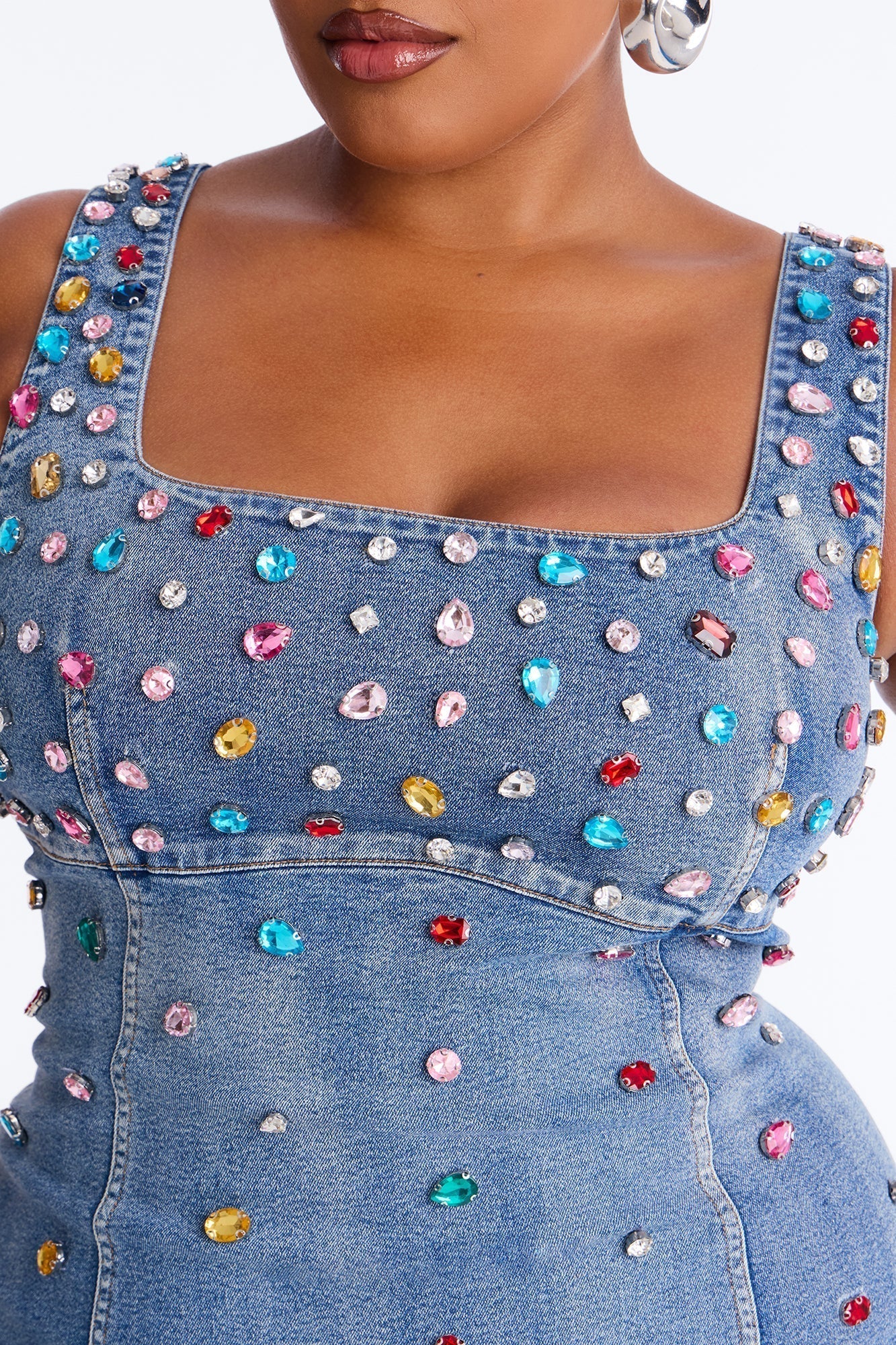 What A Gem Rhinestone Denim Mini Dress - Denim