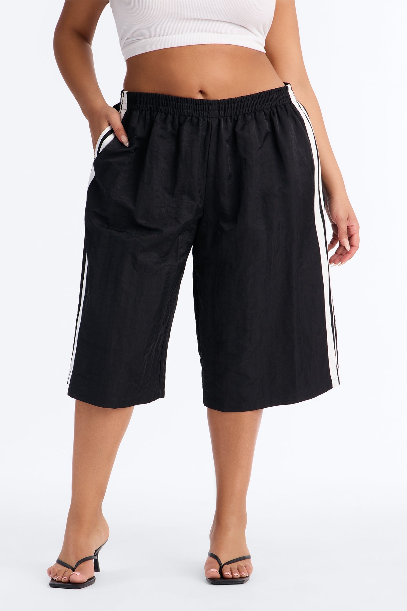 Can't Keep Up Striped Bermuda Track Short - Black/White