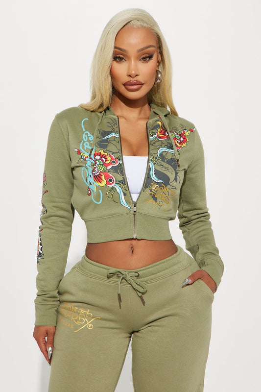 Ed Hardy Butterfly Zip Front Hoodie - Sage