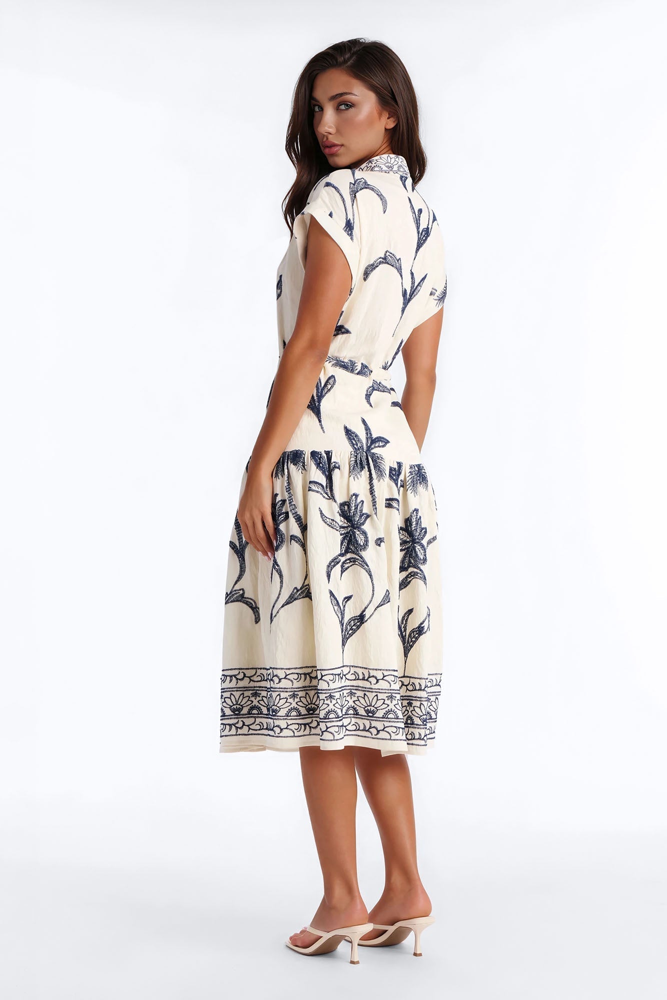 Maria Embroidered Midi Dress - White/Blue