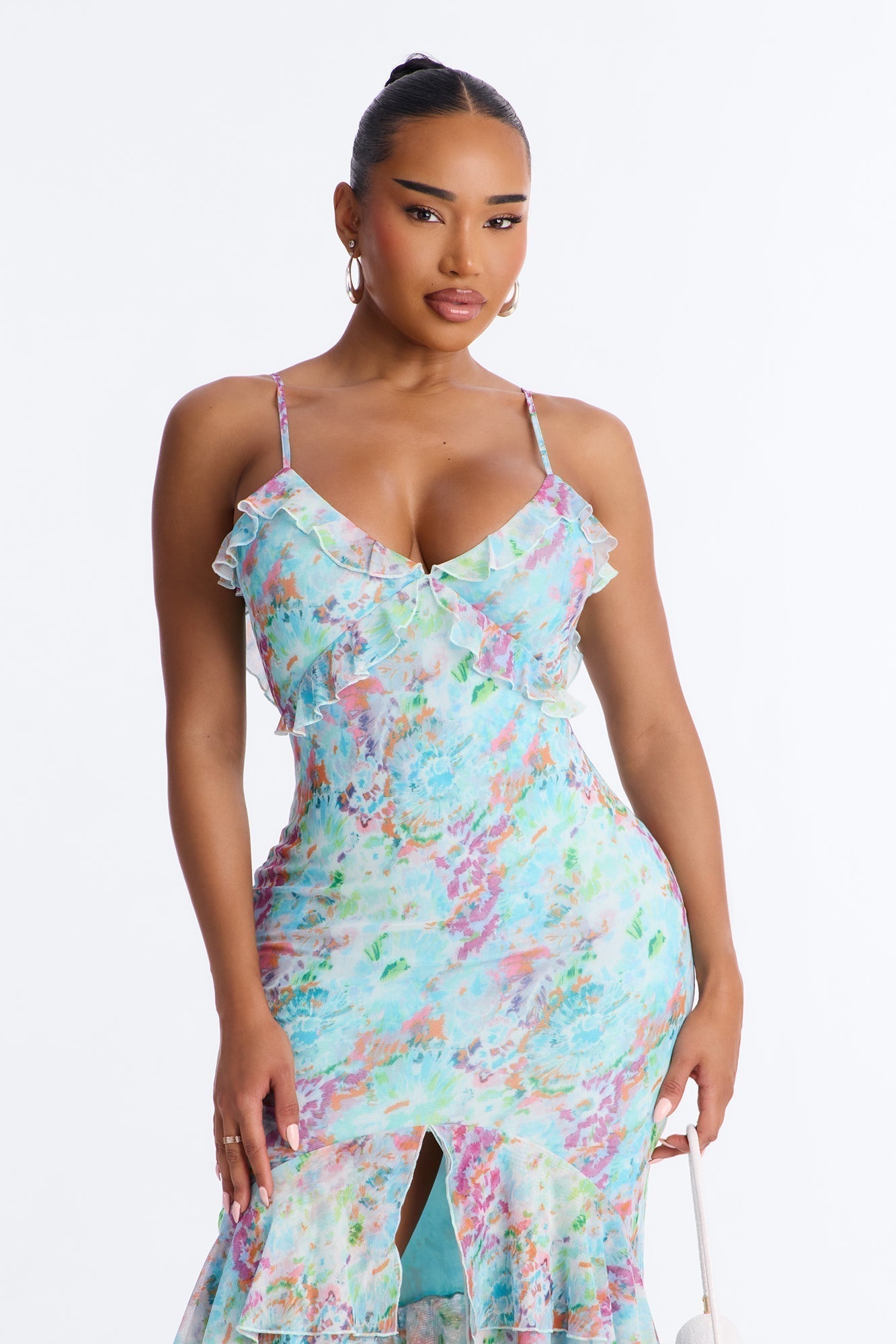 Dylan Ruffle Floral Mesh Maxi Dress - Blue/combo