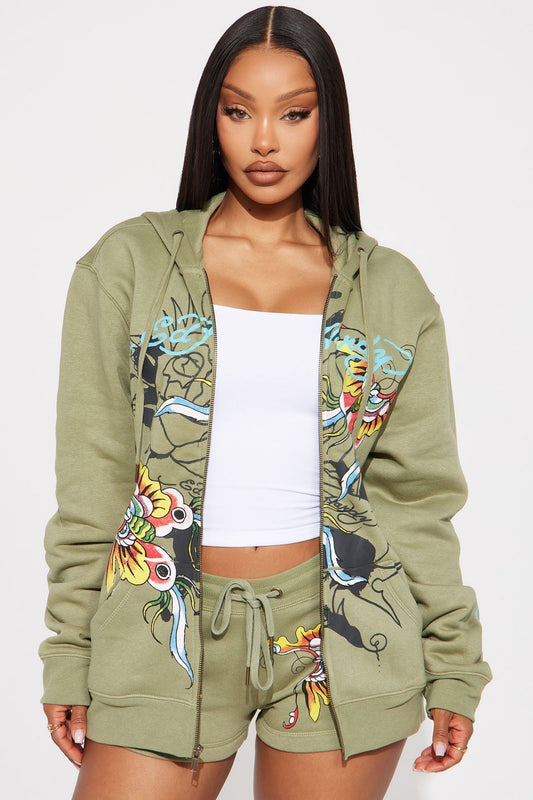 Ed Hardy Butterfly Zip Up Hoodie - Sage