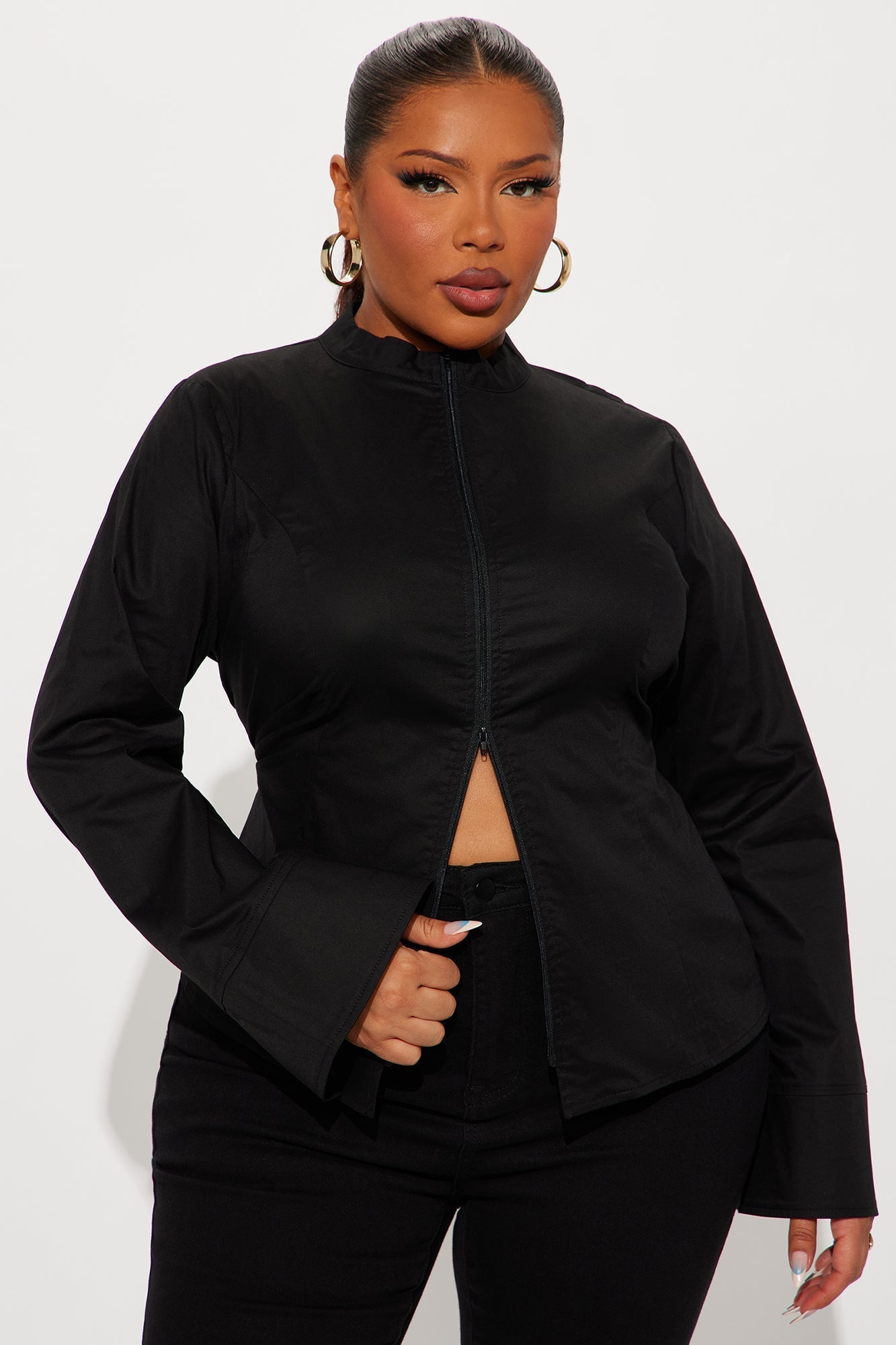 Kara Poplin Zip Up Shirt - Black