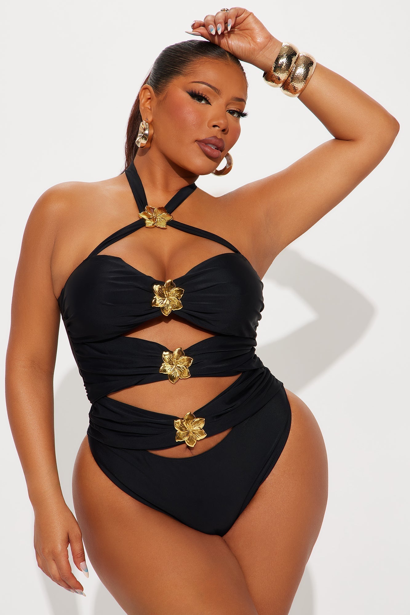 Summer Flower Hardware Cutout 1 Piece & Cover Up Skirt Set - Black