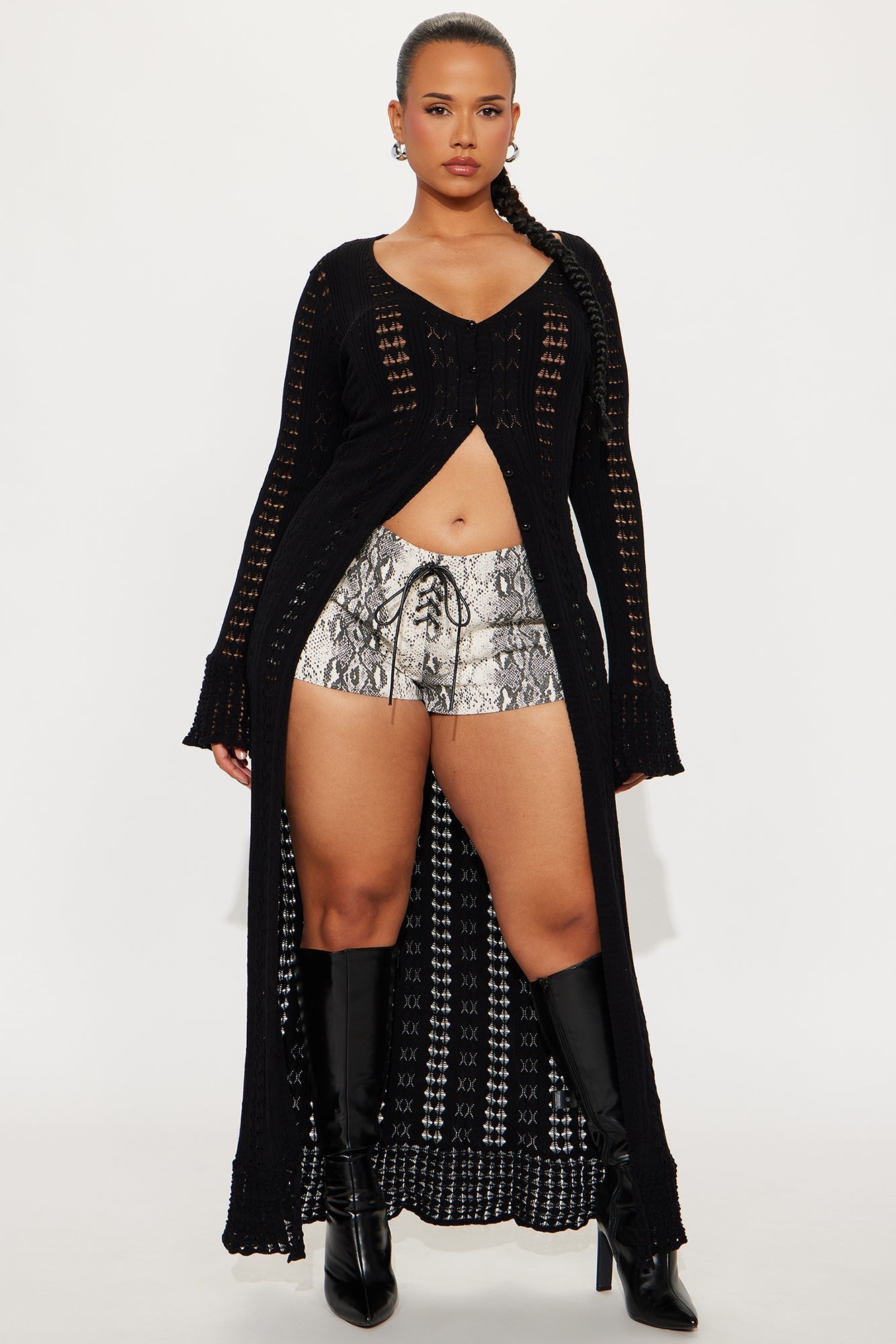 Geena Long Pointelle Cardigan Sweater - Black