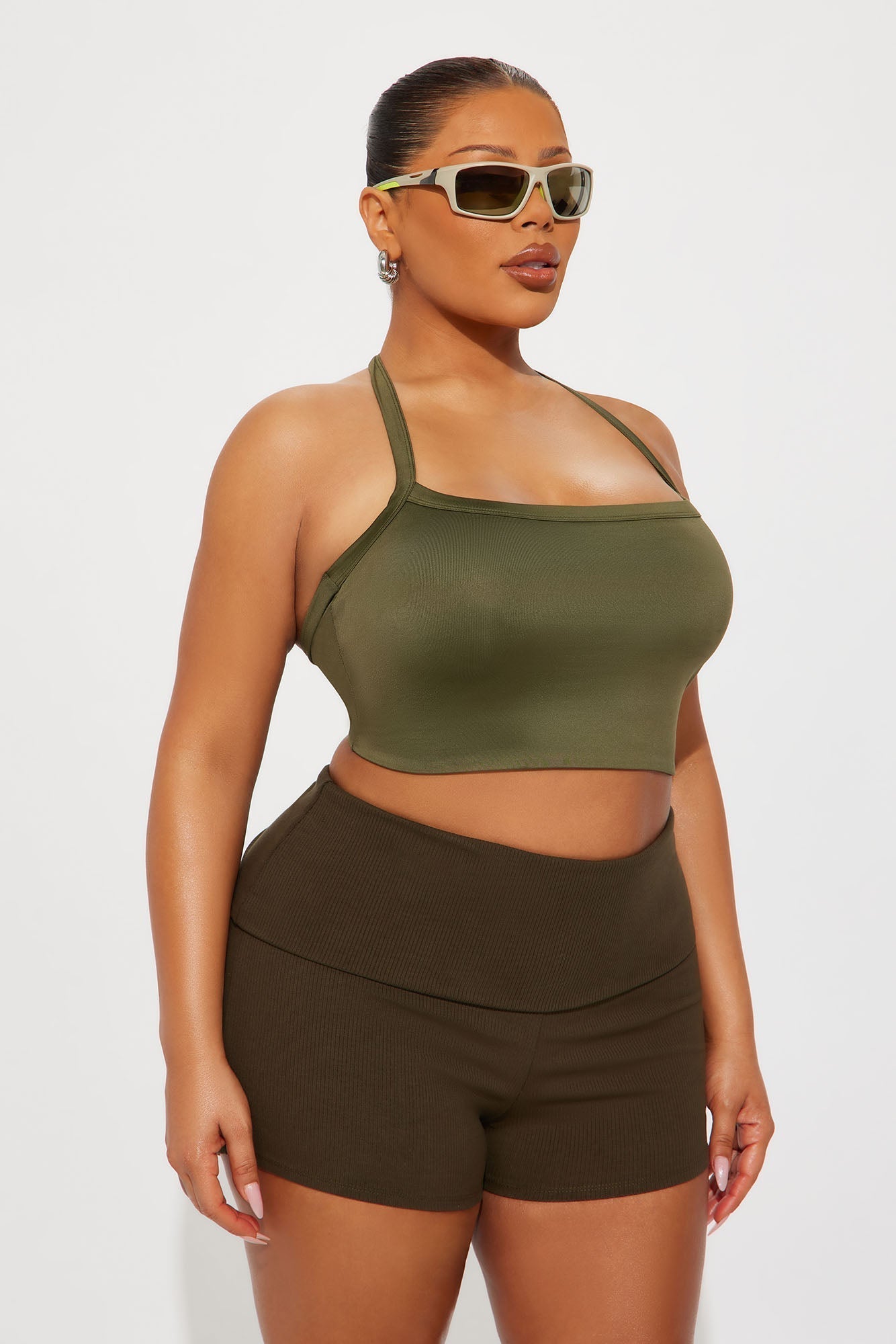 Contour Double Lined Cropped Halter Top - Military Green