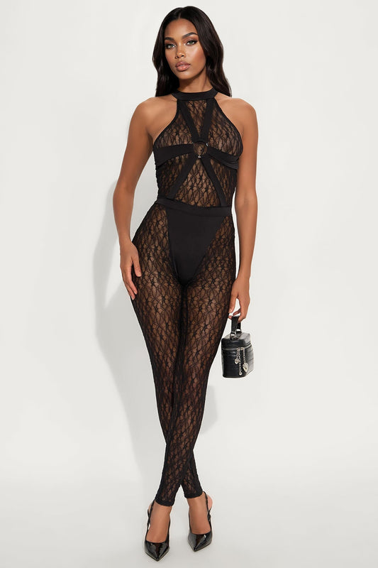 Feeling Secure Sheer Lace Jumpsuit - Black