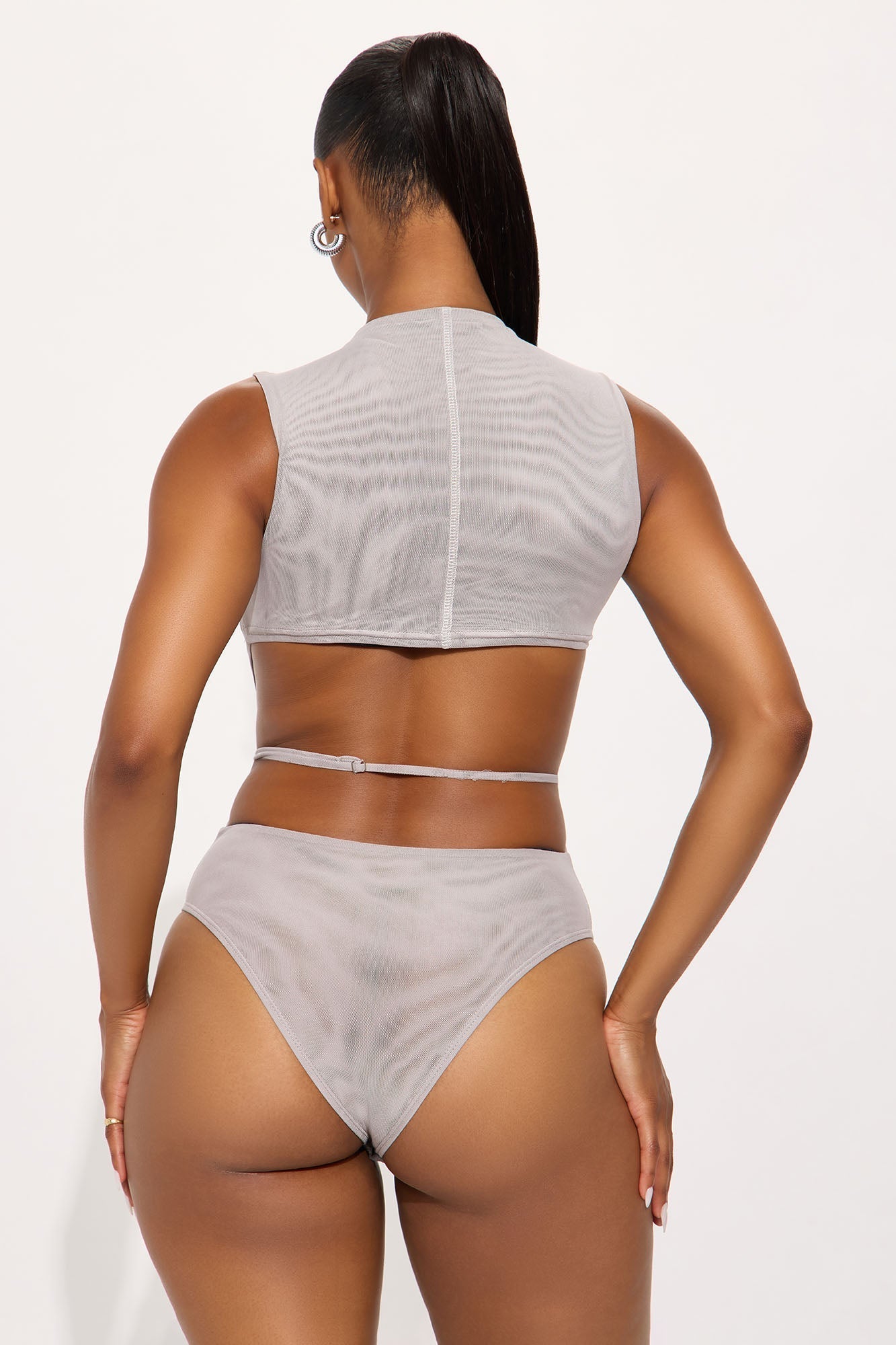Power Mesh Open Back Bodysuit - Grey