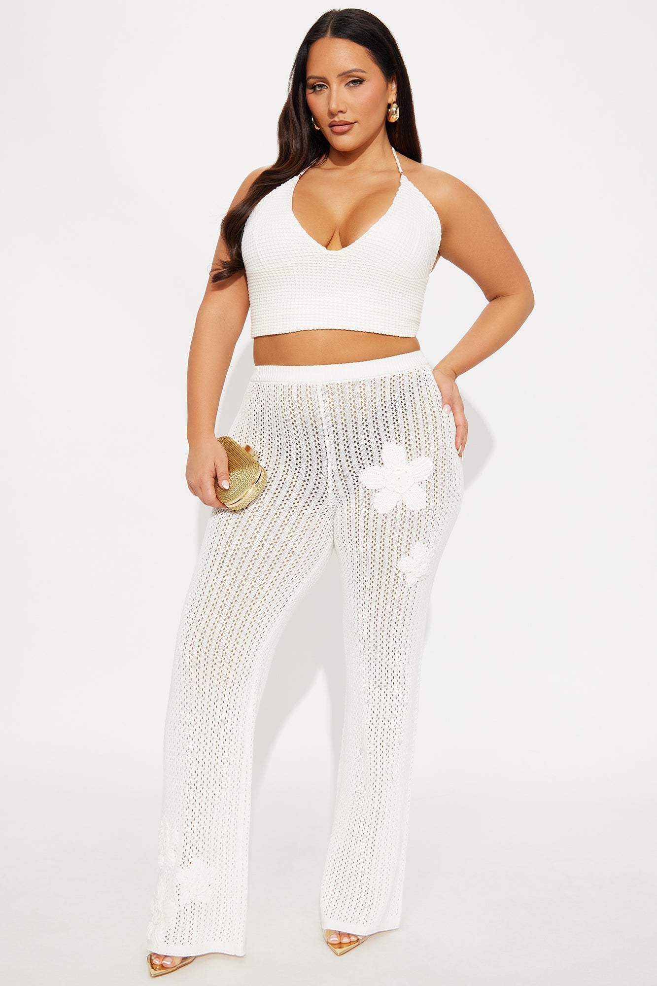 Island Breeze Embroidered Crochet Flare Pant - Cream