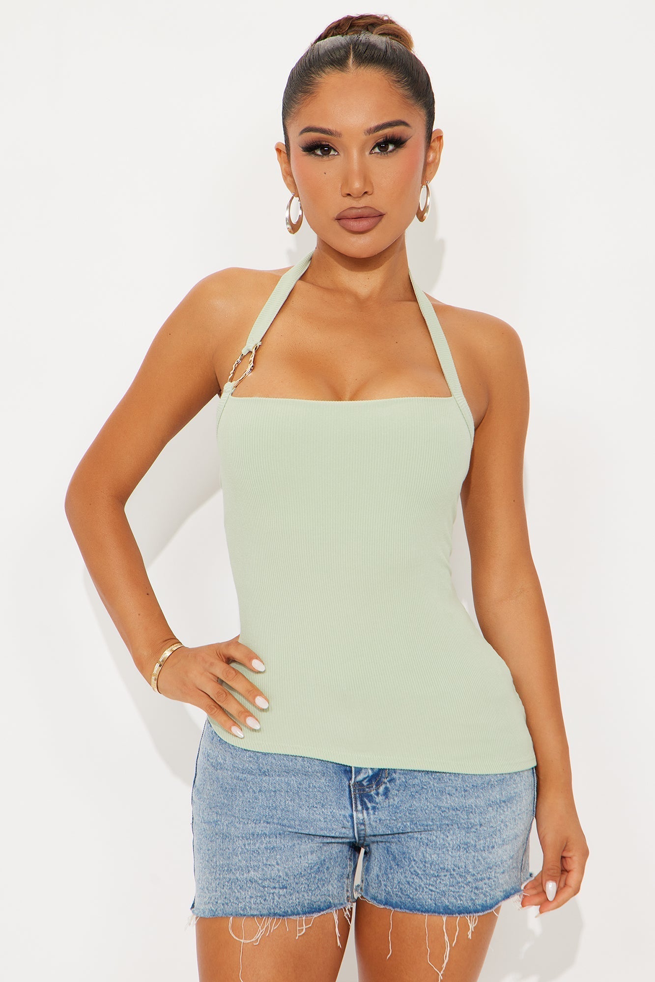 Sonnet Asymmetrical Ribbed Halter Top - Sage