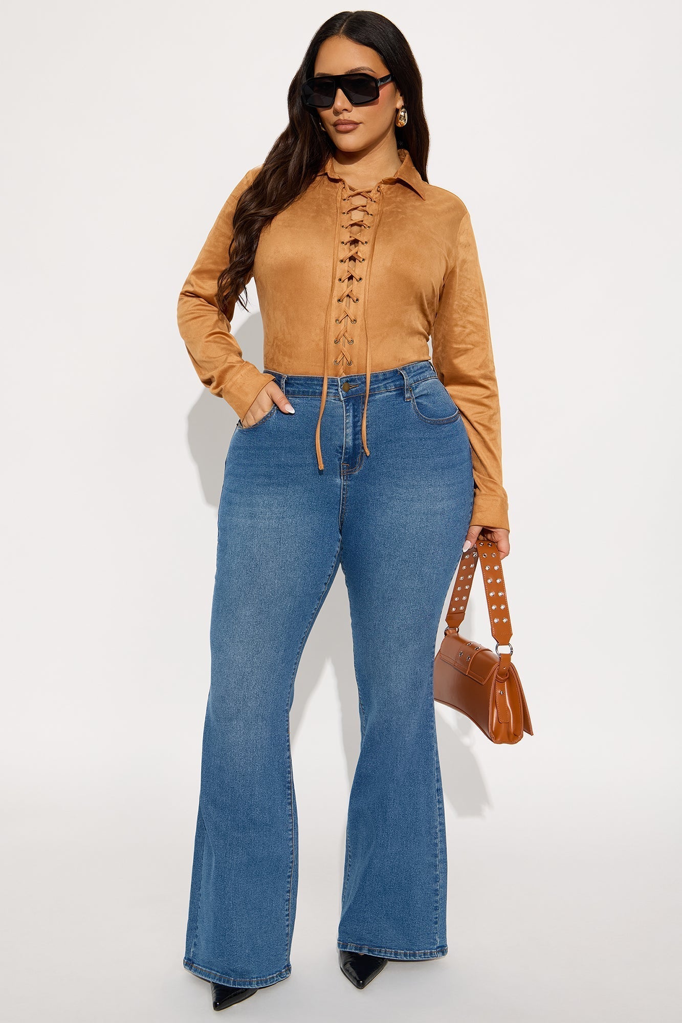 River Long Sleeve Lace Up Bodysuit - Camel