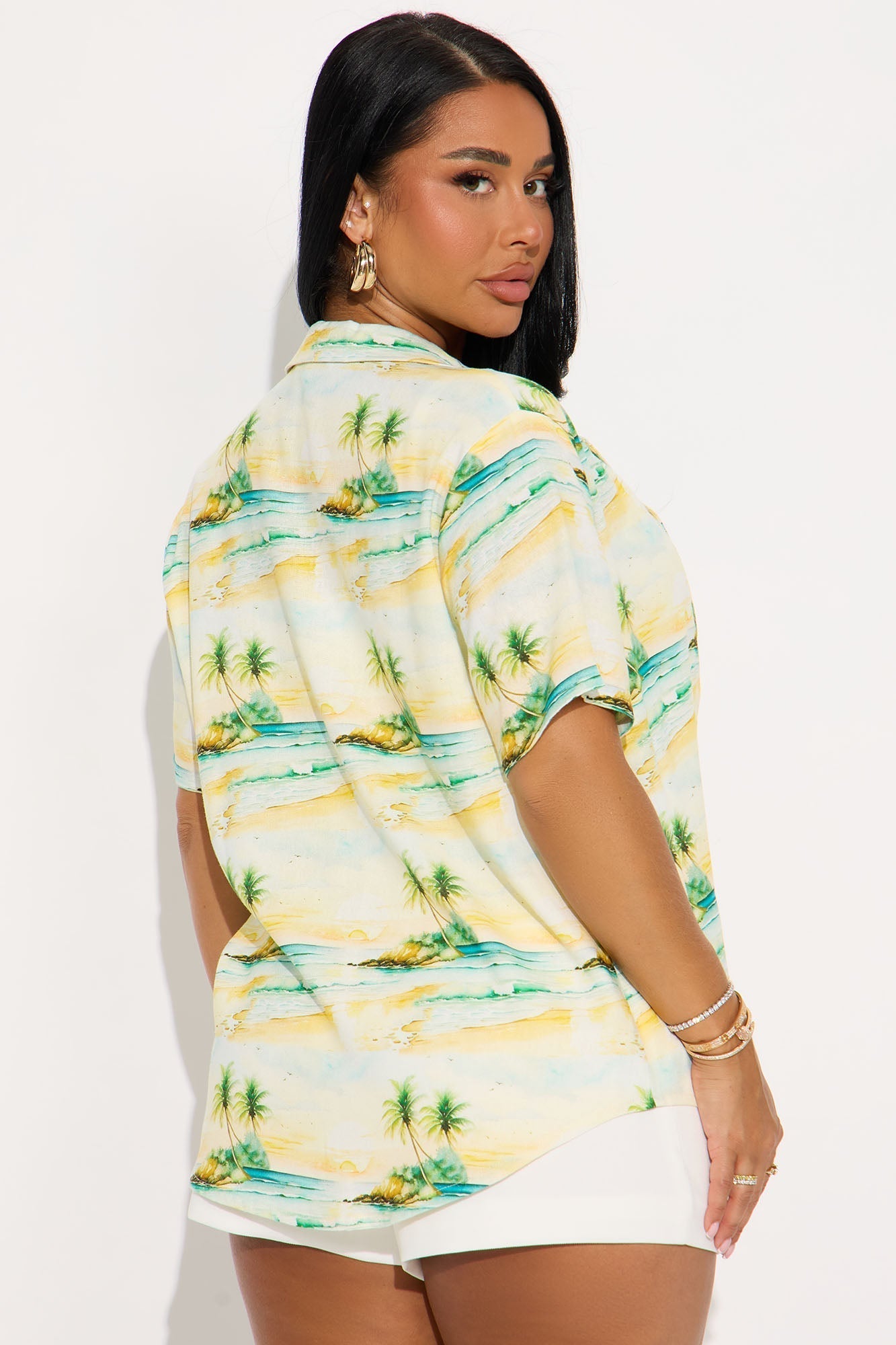 Catching Waves All Day Linen Oversized Button Up Shirt - Yellow/combo