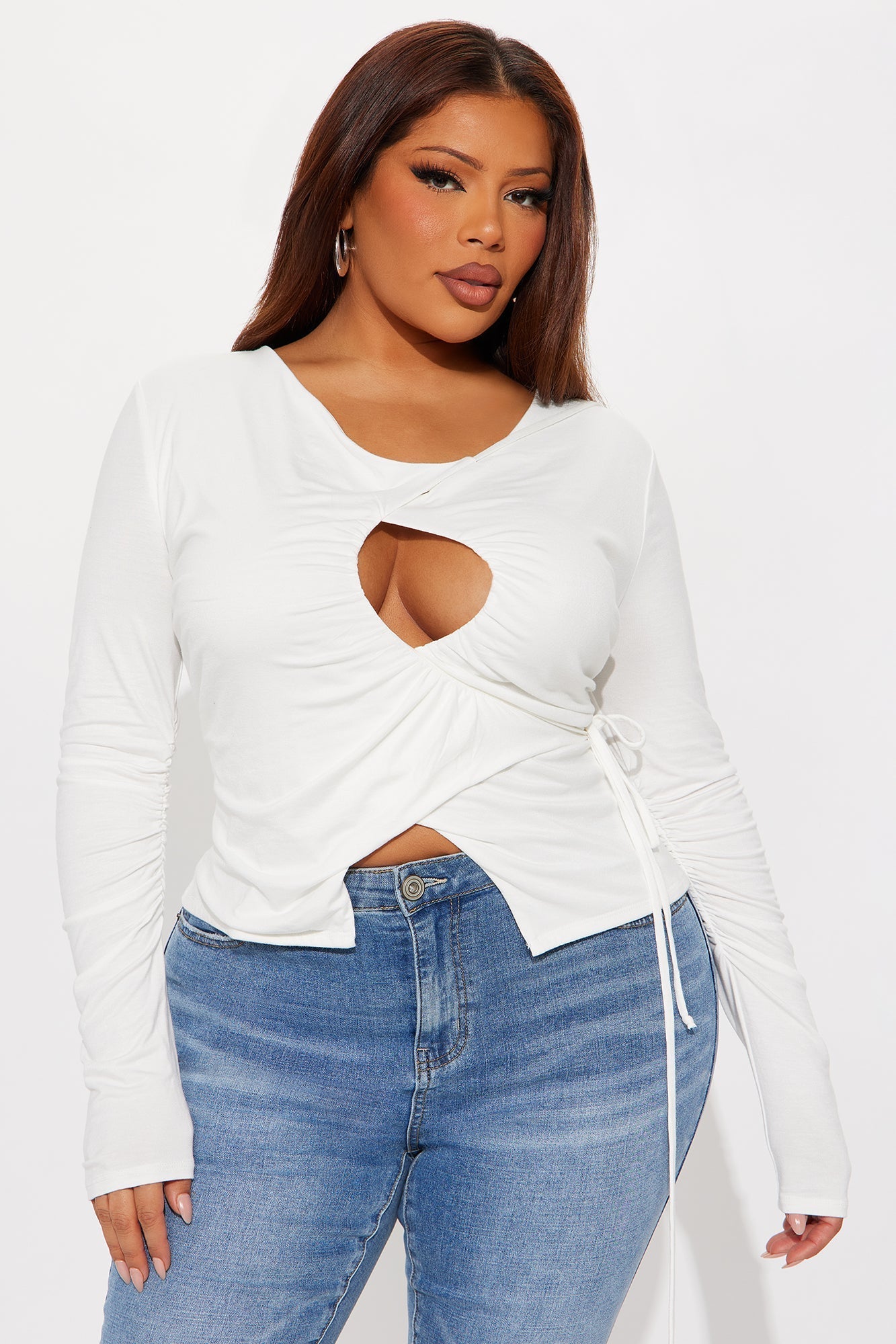 Never Abandoned Ruched Long Sleeve Cut Out Top - Ivory