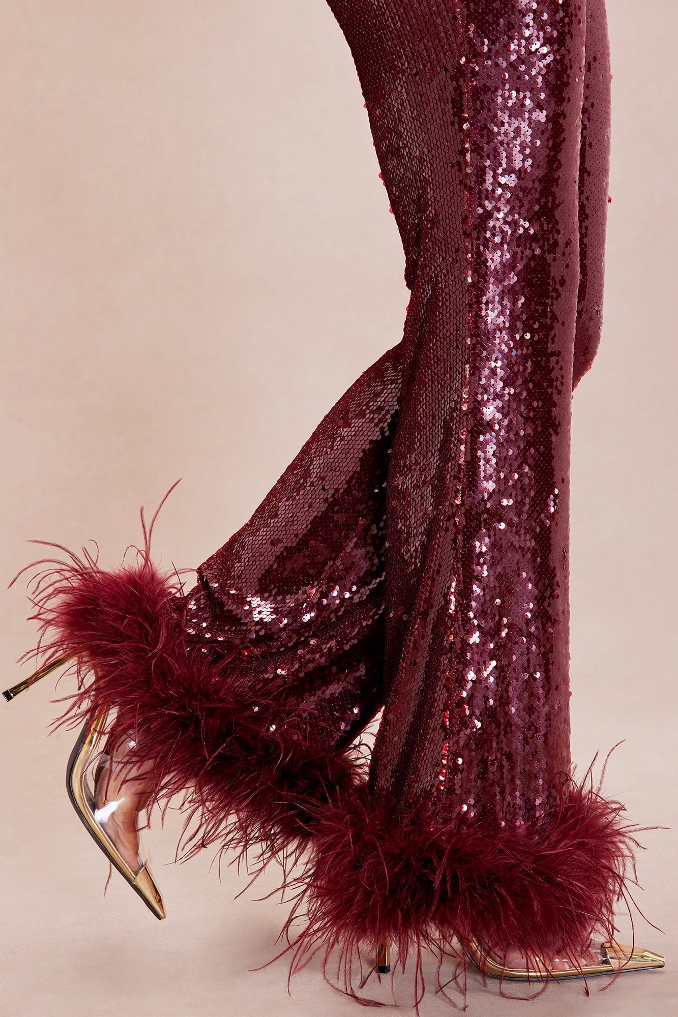 Gaia Feathered Sequin Pant - Burgundy