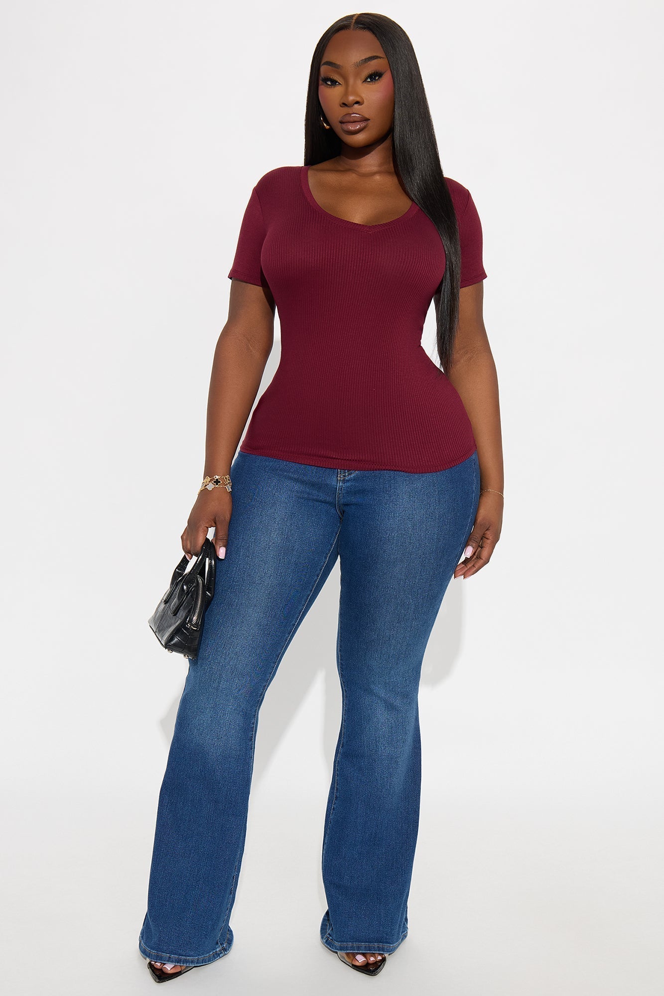 Natalie Ribbed Tee - Burgundy