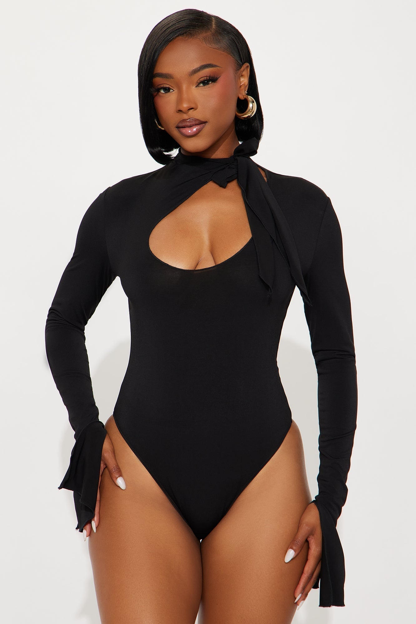 Silent Drama Long Sleeve Mock Neck Bodysuit - Black