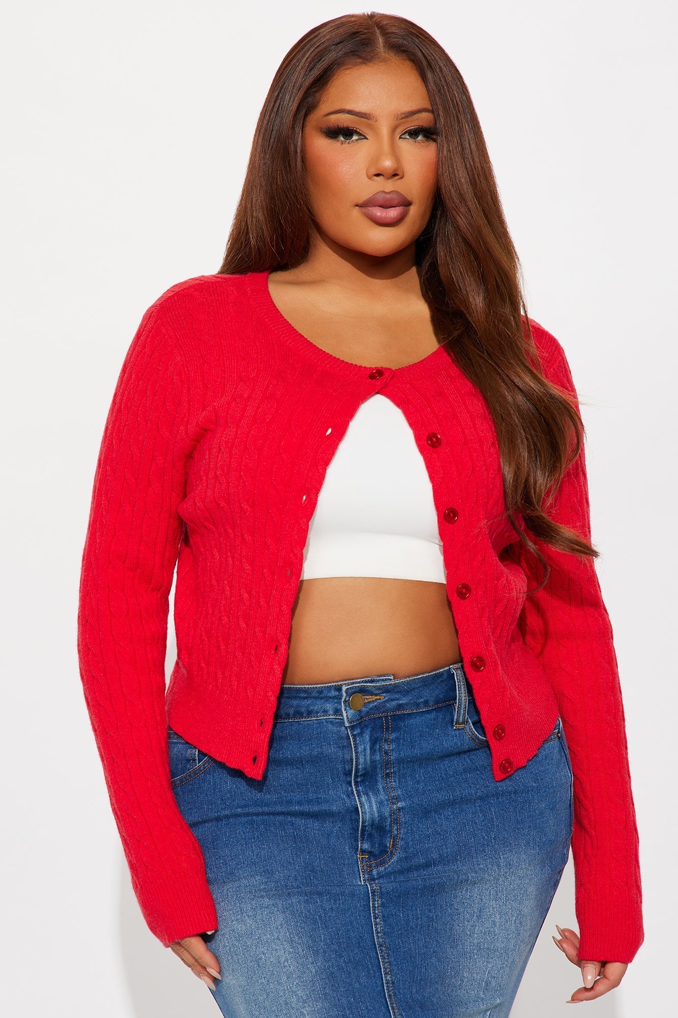 Elowen Cable Knit Cardigan - Red