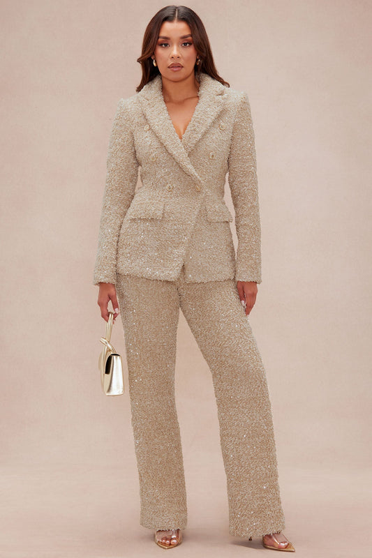 Demi Embellished Tweed Pant - Taupe