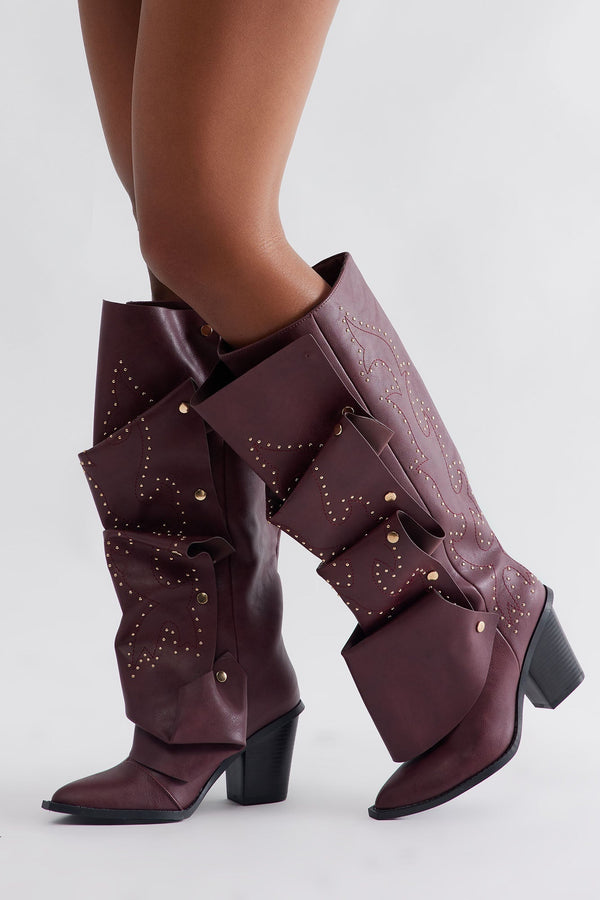 Armor Studded Knee High Boots - Burgundy