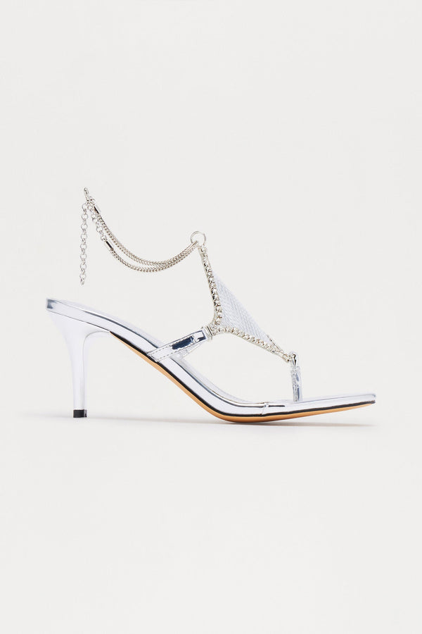 Akio Rhinestone Thong Heels - Silver