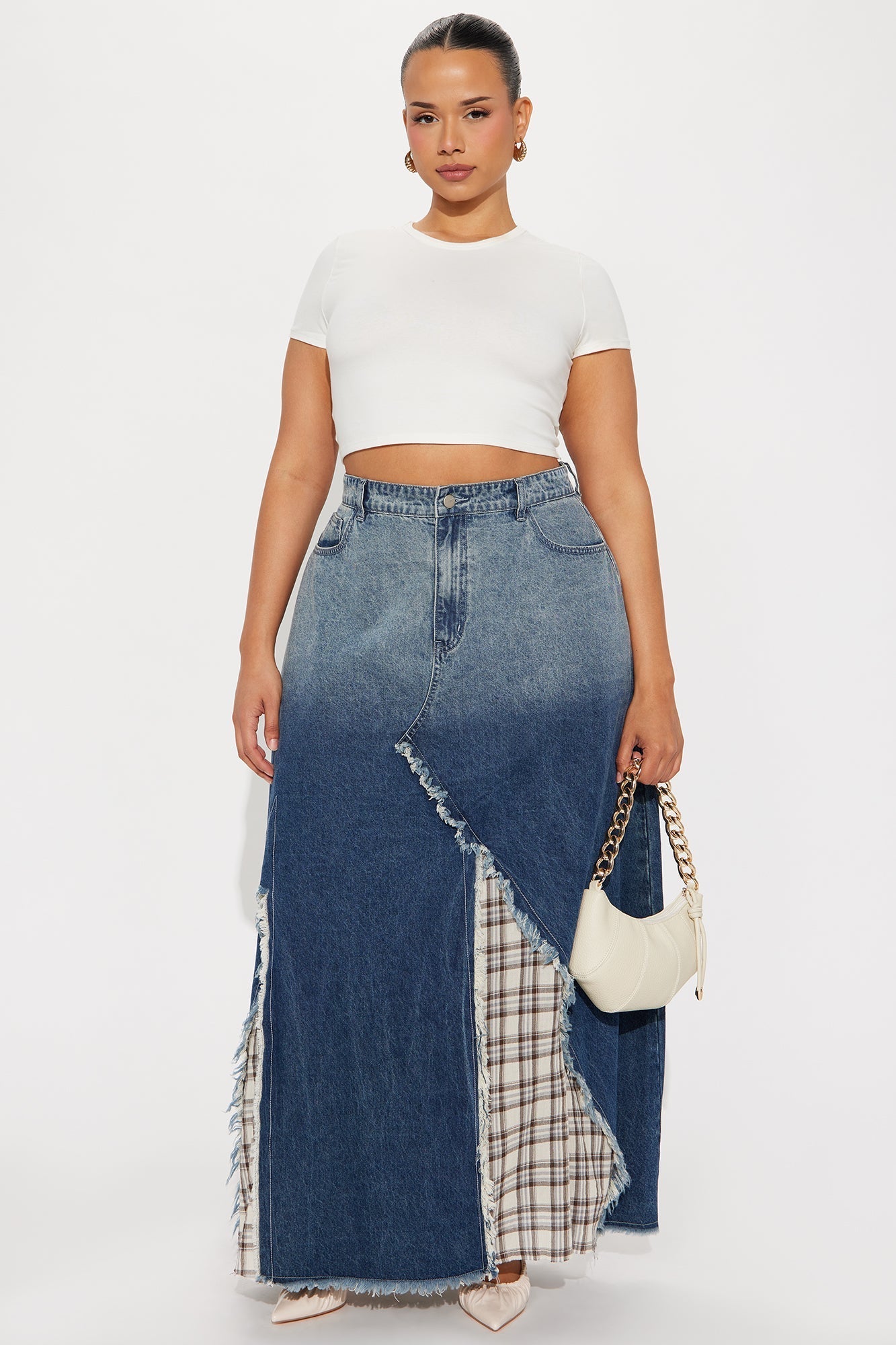 Piece Of Work Plaid Patchwork Denim Maxi Skirt - Blue/combo