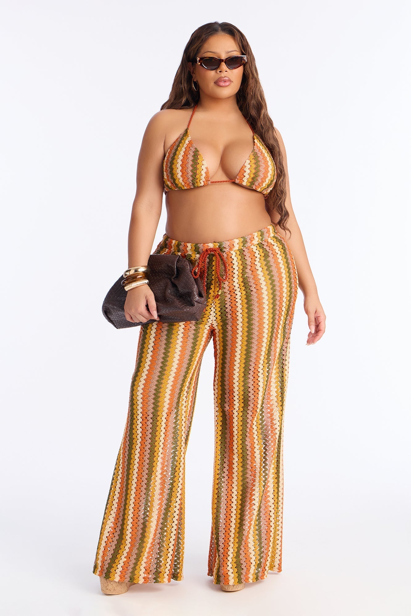 Cassandra Crochet 3 Piece Bikini & Pants Set - Orange/combo