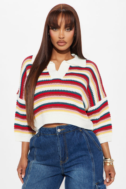 Vacay Vibe Striped Crochet Polo - Multi Color